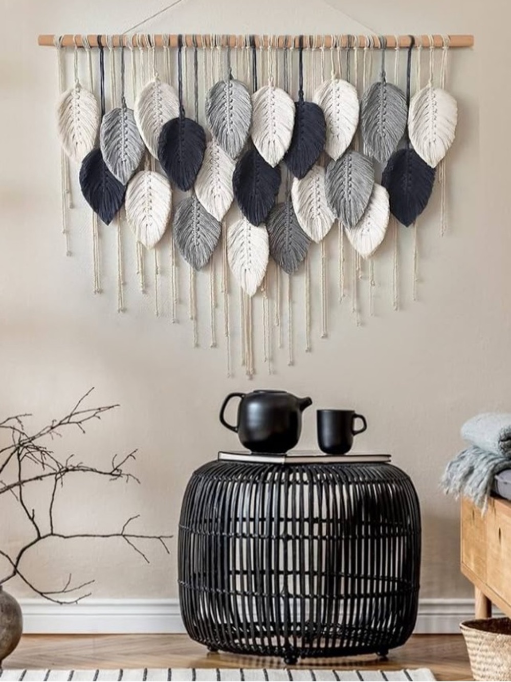 AMAZON Cream Grey Navy Hanging Leaf Wall Macrame